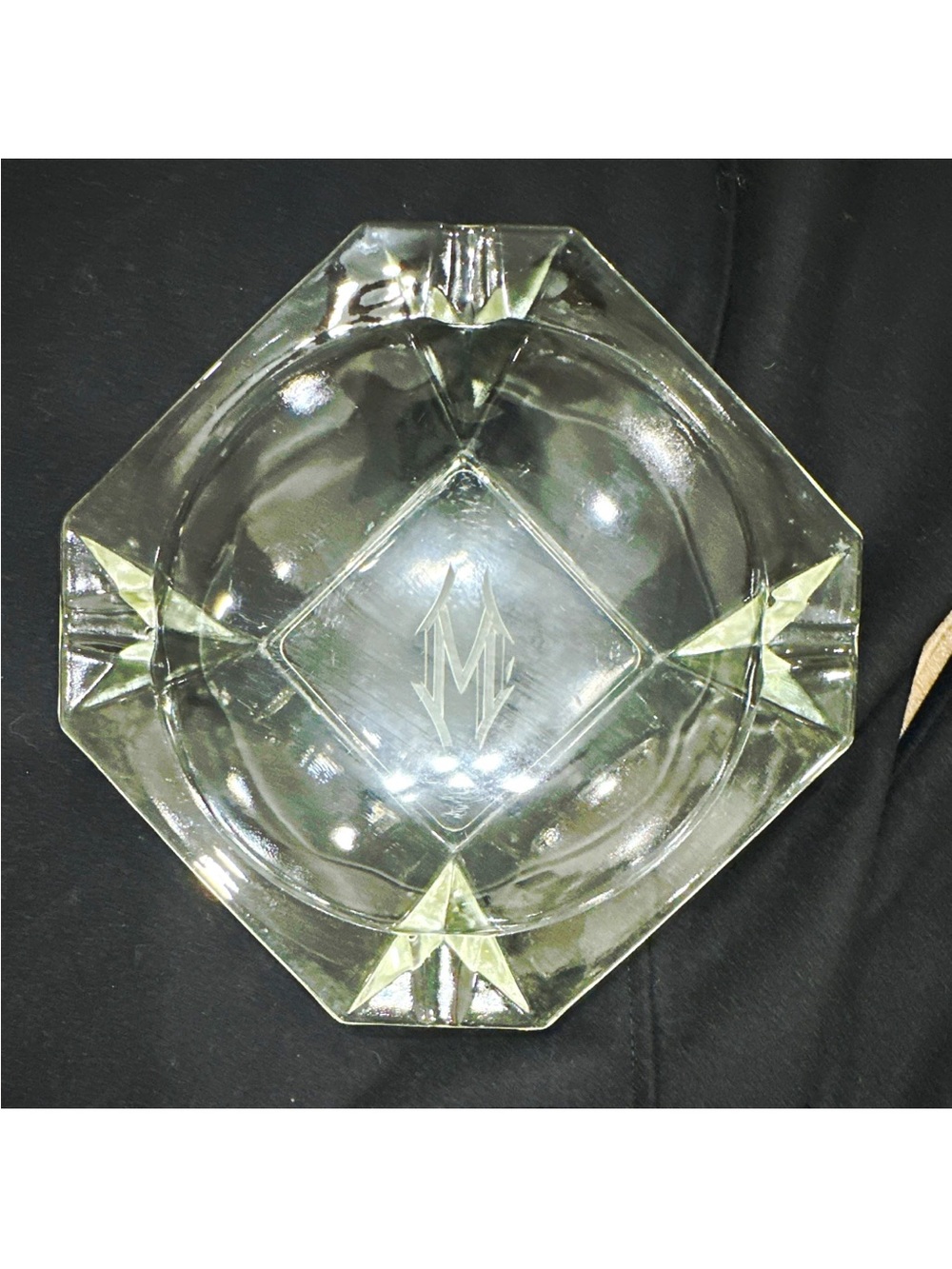 Vintage MCM Heavy Clear Glass Square Cigar Ashtray Monogram Letter M 8”